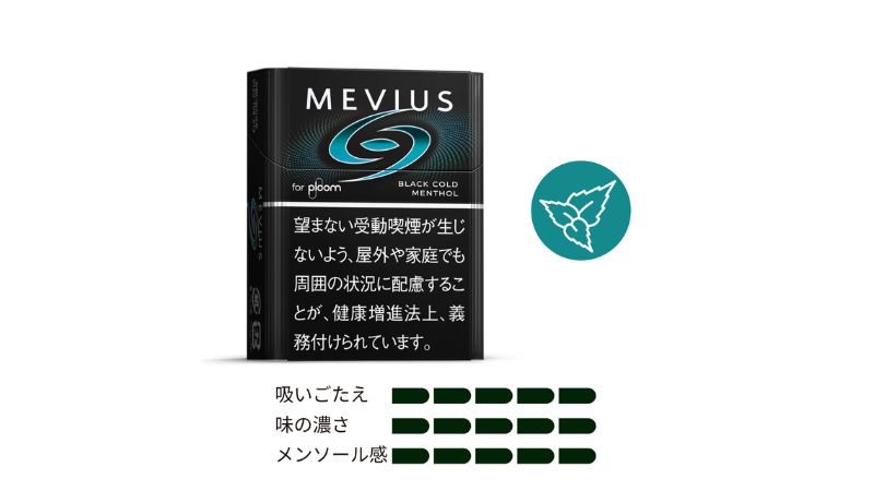 メビウス・ブラック・コールド・メンソール・プルーム用のパッケージと特徴