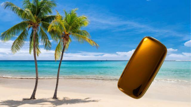 フロントパネルのマンゴーイエローとビーチ合成画像