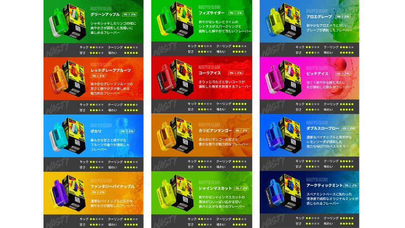 NASTY BAR CLEAR 30000のフレーバー全12種の詳細