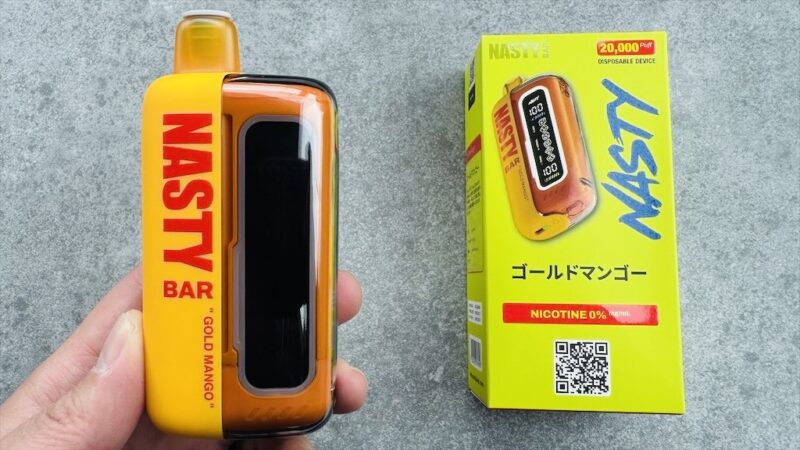 NASTY BAR 20000（ノンニコチン）ゴールドマンゴーのデバイスとパッケージ