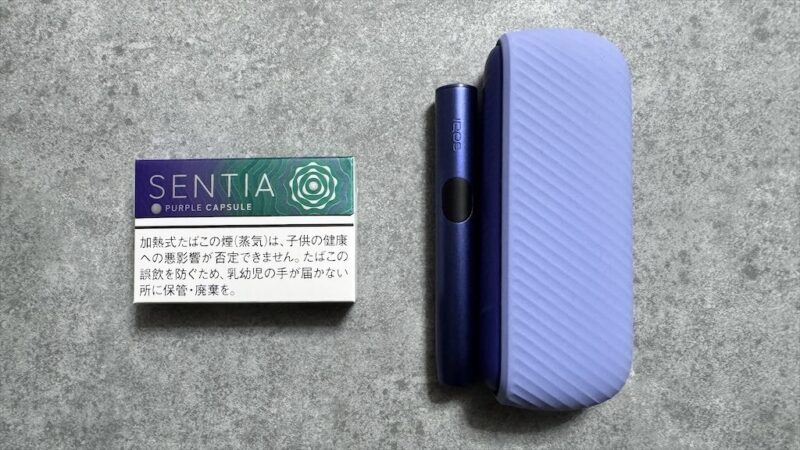 センティアパープルカプセルのパッケージとアイコスイルマiのデバイス